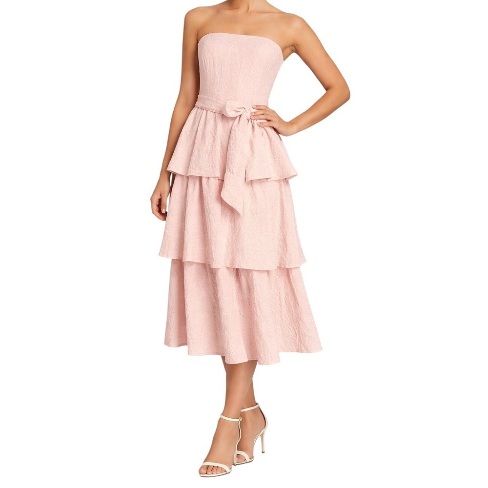 Lulus Blush Pink‎ Strapless Tiered Midi Dress Bow Waist Wedding Guest NWT M